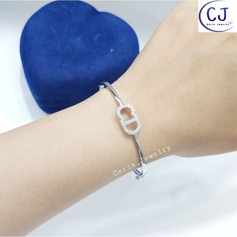 Gelang Tangan Wanita Perak Asli Silver 925 Lapis Emas Putih Model Bangle Oval Variasi Permata Kilau Permata - Perhiasan Perak Asli