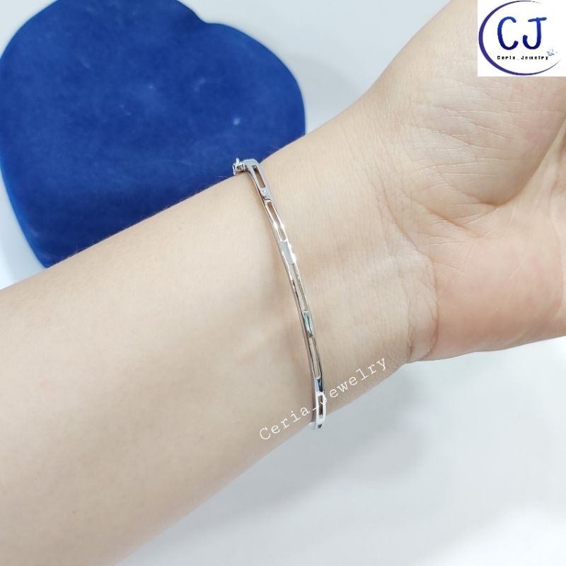 Gelang Tangan Wanita Perak Asli Silver 925 Lapis Emas Putih Model Bangle Oval Variasi Permata Kilau Permata - Perhiasan Perak Asli