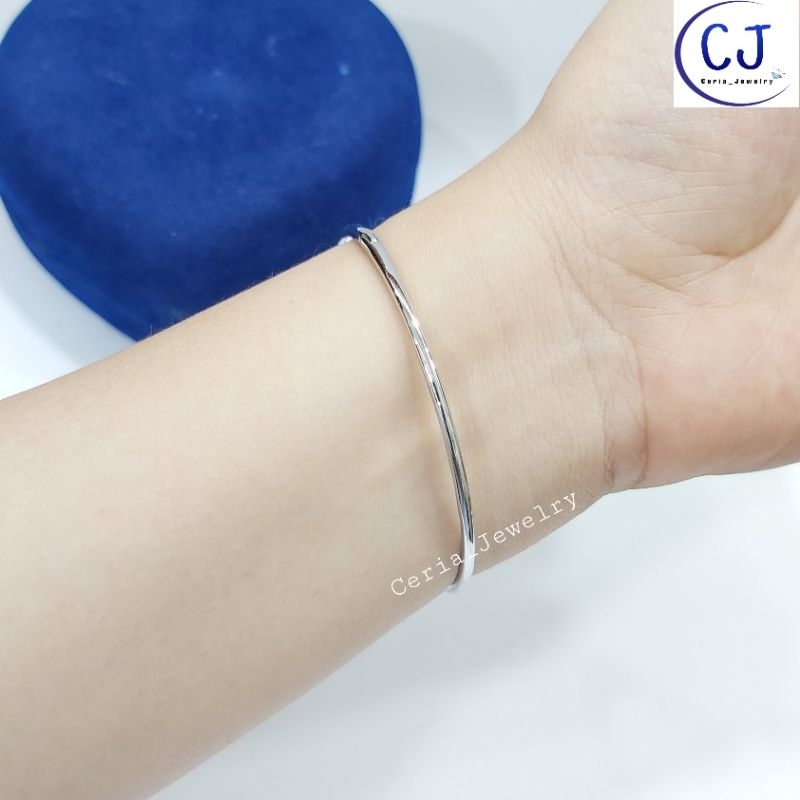 Gelang Tangan Wanita Perak Asli Silver 925 Lapis Emas Putih Model Bangle Bulat Variasi Permata Listring - Perhiasan Perak Asli