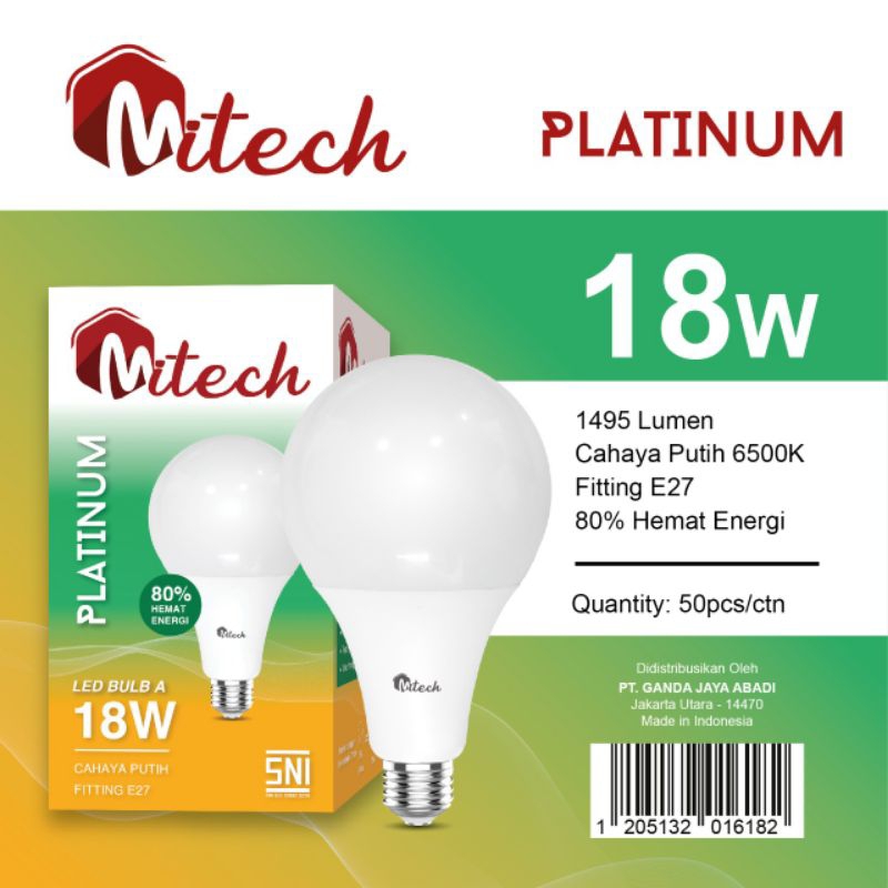MITECH PLATINUM LAMPU LED A BULB 18W 18 WATT SNI BERGARANSI 1 TAHUN