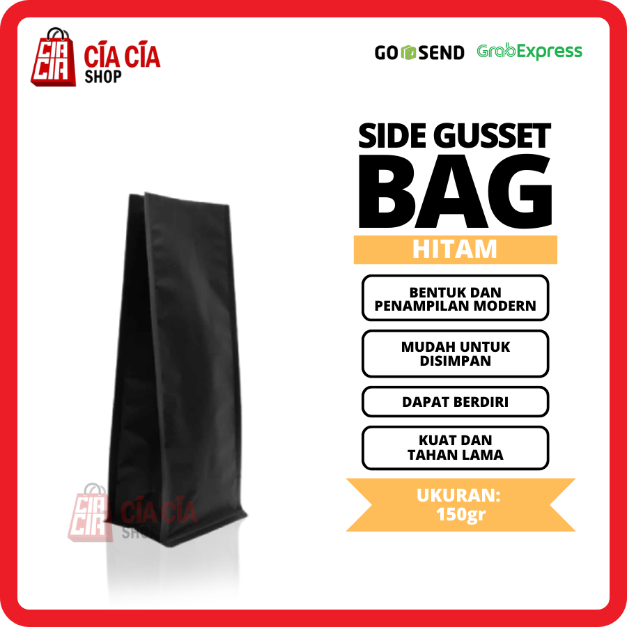 Kemasan Gusset Kopi 150 gr Alu Bag Quad Seal Doff Non Valve - Hitam