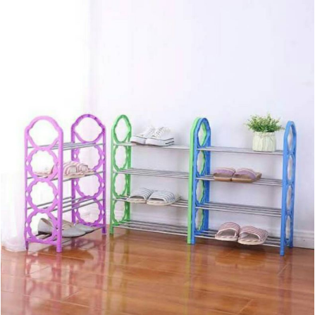 Rak sepatu warna 4 susun plastik dan aluminium cantik portable multifungsi