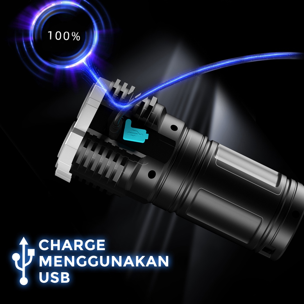 Senter 4 LED Super Terang Rechargeable + COB Senter Led Jarak Jauh + COB