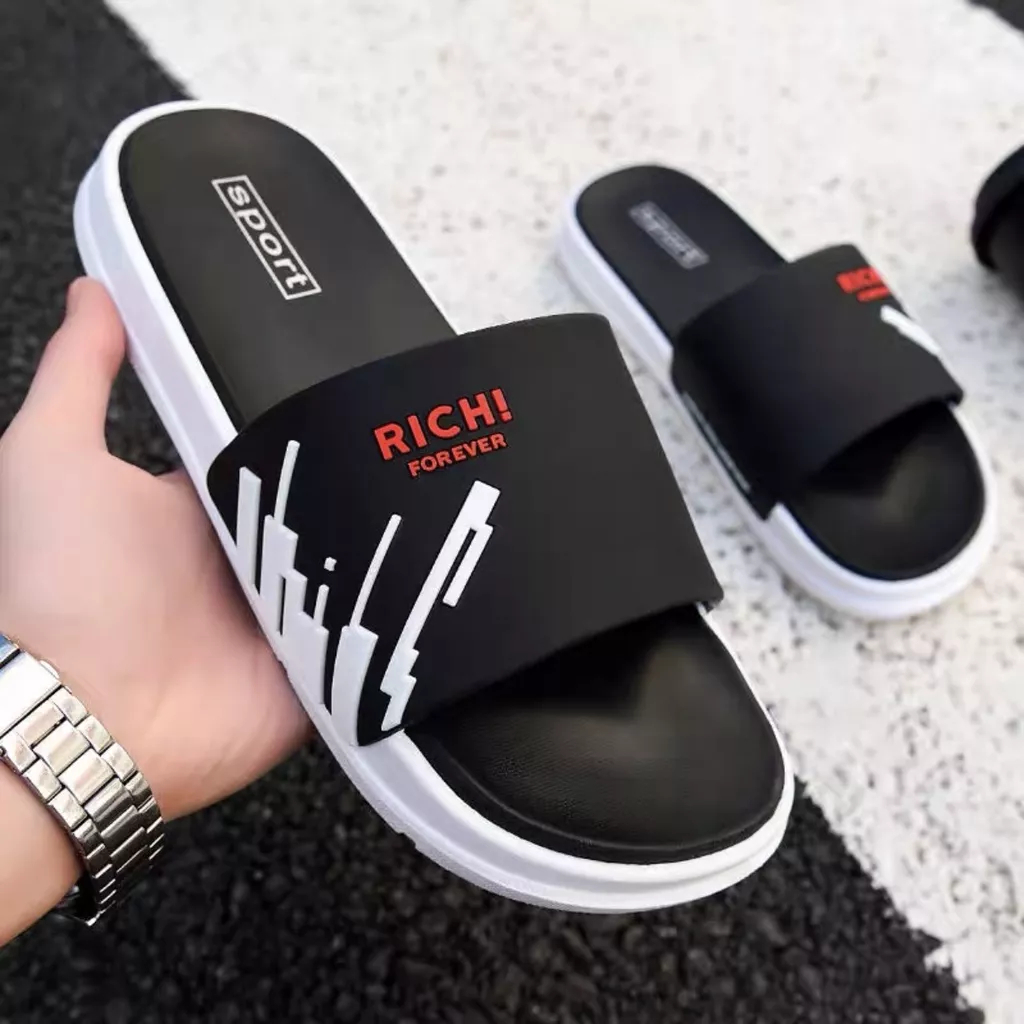 PROMO TERBARU SANDAL PRIA DISTRO / SANDAL PRIA / SANDAL WANITA/ SANDAL PRIA DEWASA / SANDAL IMPORT KOREAN SLIP-ON PREMIUM KARET GRADE ORI RICHII-Hitam