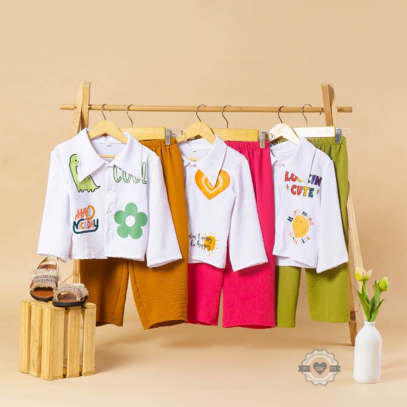 Baju Setelan Anak Perempuan Crop Top EMOJI Viral Crinkle DTF | Baju Kemeja Anak Cewe Bahan Crinkle Airflow Premium Usia 2-9 Tahun