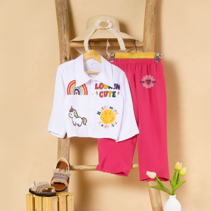 Baju Setelan Anak Perempuan Crop Top EMOJI Viral Crinkle DTF | Baju Kemeja Anak Cewe Bahan Crinkle Airflow Premium Usia 2-9 Tahun