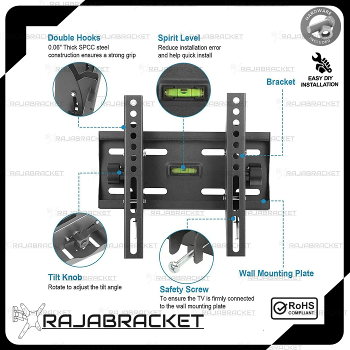 Breket Bracket Braket Briket TV 15 17 19 22 24 27 29 32 37 40 43 inch, Waterpass Dijamin Cocok Braket TV Samsung, Cooca, TCL, Changhong, LG, Sony