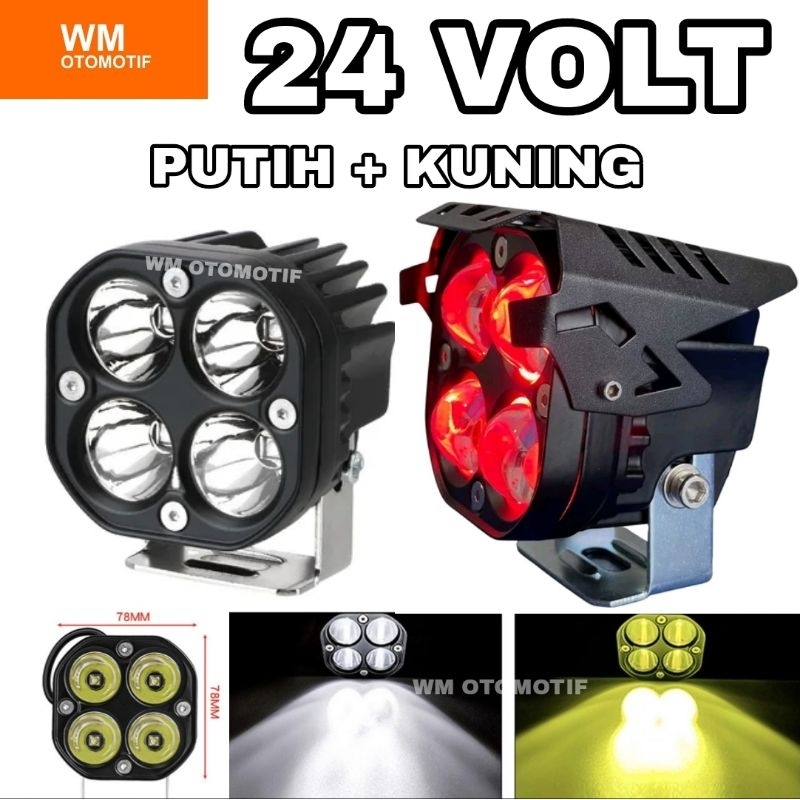 Lampu Tembak Sorot Lasergun 24 Volt 4 Mata LED VINYX D4 60 Watt Demon Angel Eyes Red Truk Bus Canter Putih Kuning 2 Warna D2 Hi Lo CWL Cutoff Motor Mobil High Low Laser Gun Offroad Bar Cree Jauh Dekat Dim Truck Bis Fuso Ragasa Foglamp Worklight 4 Kabel