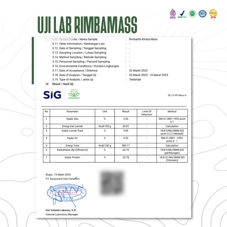 Rimbalife Rimba Mass Rimbamass 2kg 4.4 lbs 2000gr Susu Weight Gainer