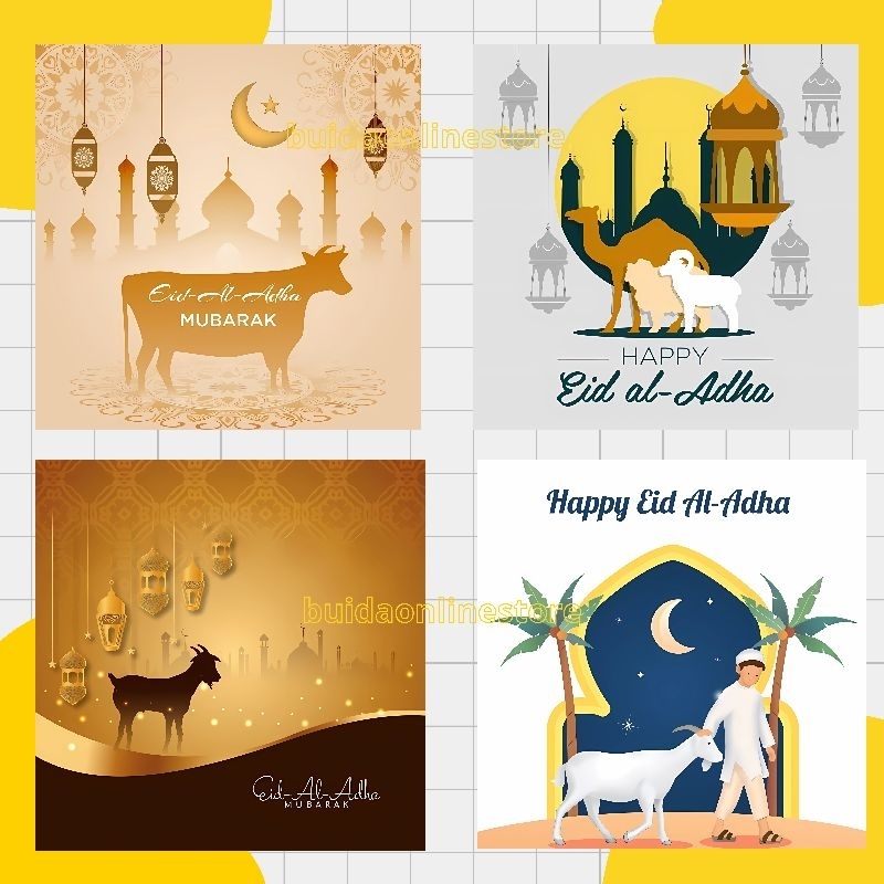 

Motif C Sticker Kartu Ucapan Stiker Selamat Hari Raya Idul Adha Eid Al-Adha Mubarak dekorasi kemasan hampers bingkisan label parcel hangtag hantaran daging kurban gambar kambing domba sapi unta bisa custom tulisan tambah nama