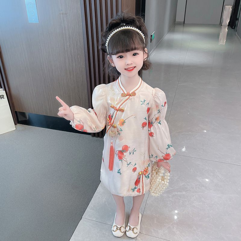 Dress Cheonsam Panjang Anak Perempuan Motif Pomegranate Orens Lampion Krincing