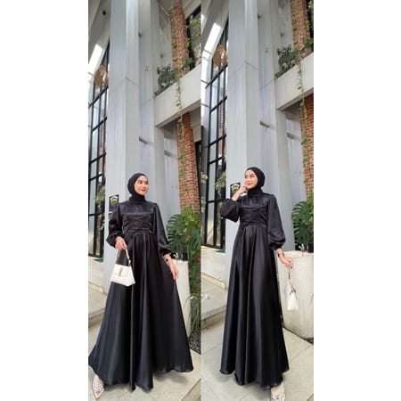 Mila dress muslim korea satin / Gamis kondangan - Gamis bridesmaid - Gamis muslim - Gaun pesta-Black Matte