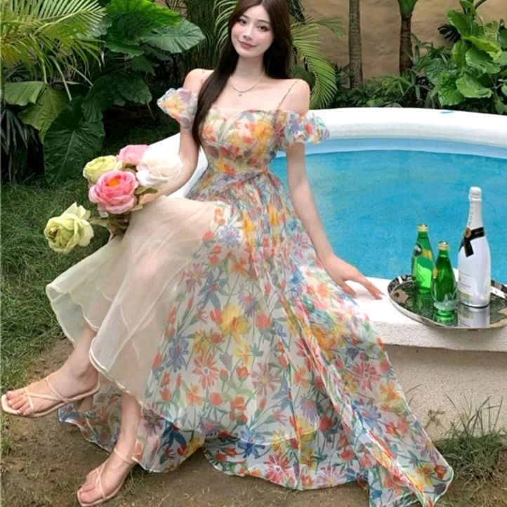 9863 Baju maxidress longdress Maxi OFF SHOULDER dress  A-Line motif bunga floral flower kembang dres
