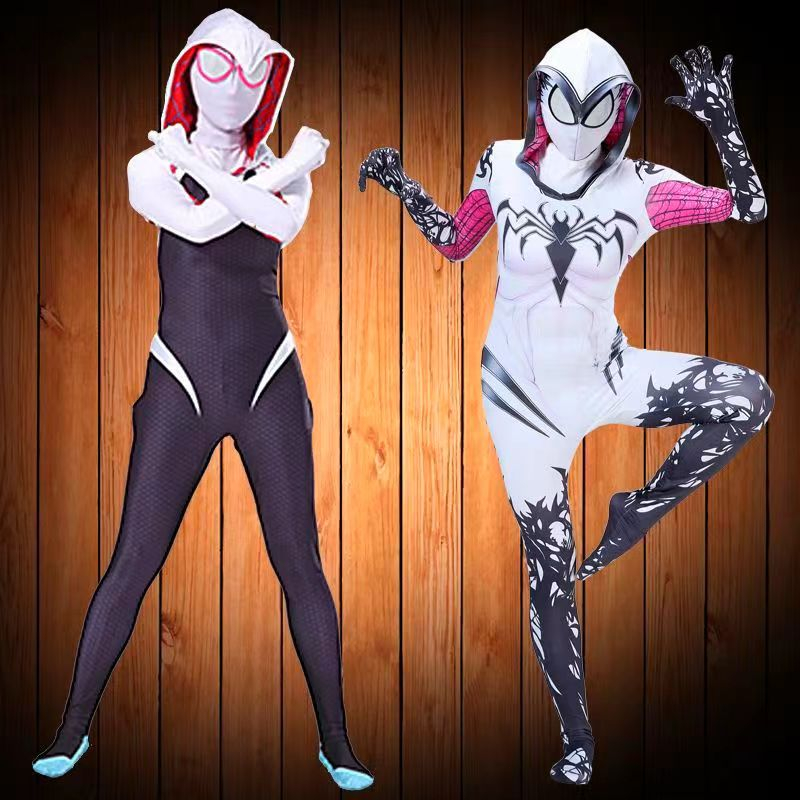 Wanita Spider Gwen Cosplay Kostum dengan Masker Marvel Orang Tua Anak Baju untuk Pesta Halloween Kostum Superhero