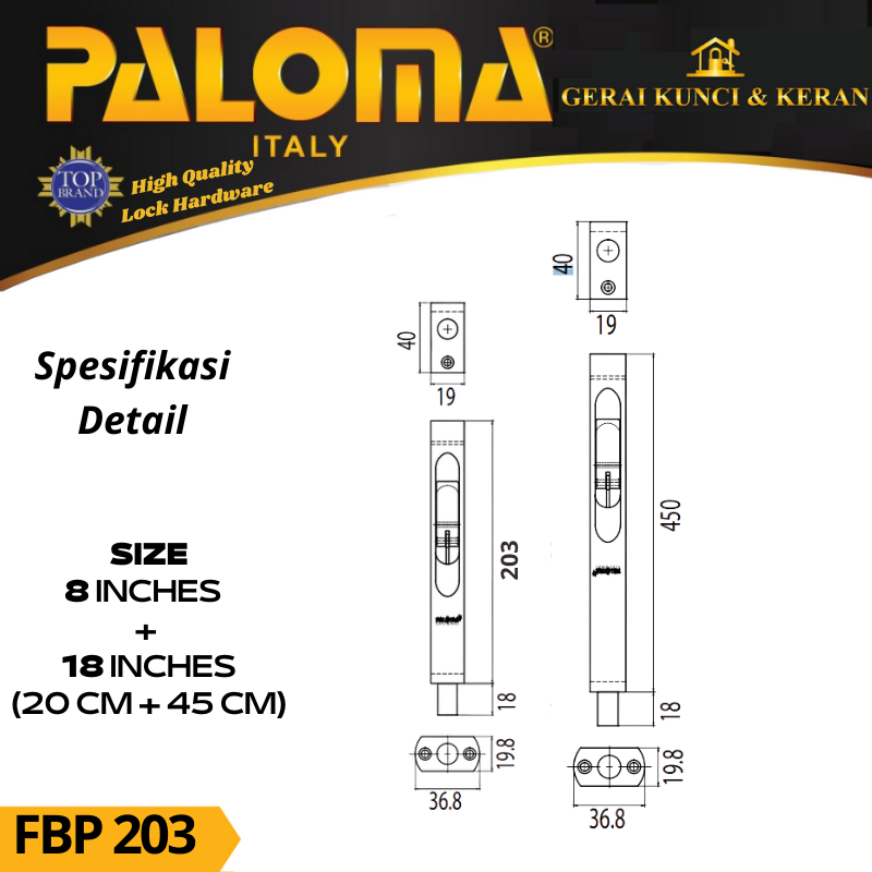 PALOMA FBP 203 SLOT PINTU  GRENDEL TANAM COLOMBO  8 + 18  INCH FLUSH BOLT (20+45CM) STAINLESS