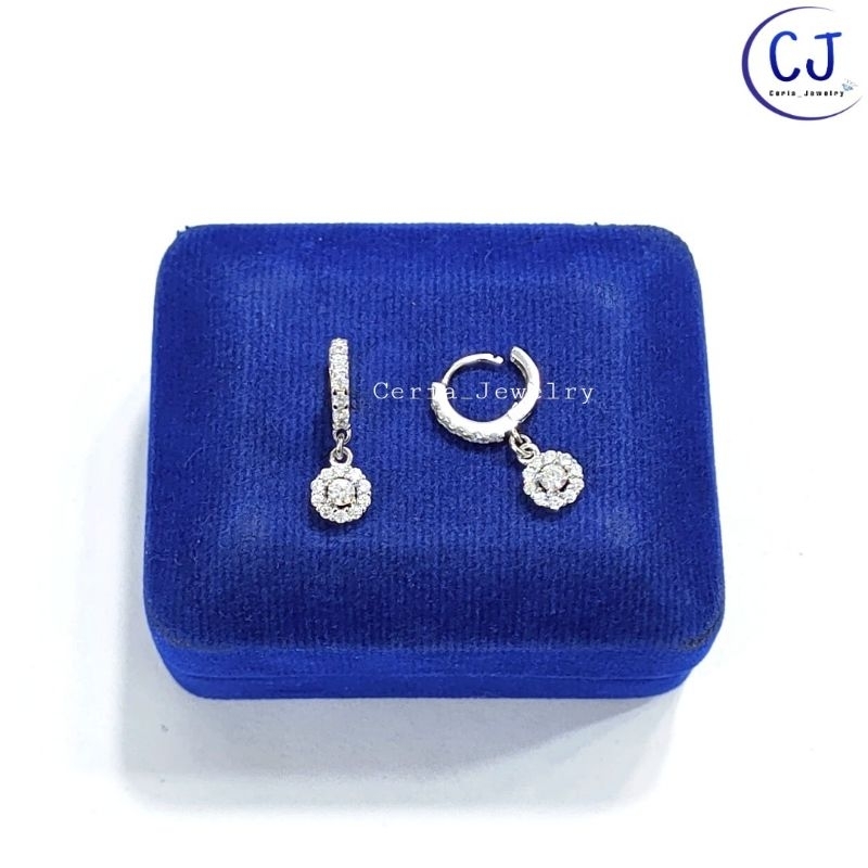 Anting Perak Asli Silver 925 Lapis Emas Putih Model Jepit Permata Gantungan Bunga Permata Full - Perhiasan Perak Asli