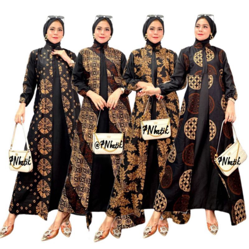 Gamis batik kombinasi polos terbaru 2023 modern Busui Friendly Cardy Nyatu Mix Moscrepe Premium Tali Samping