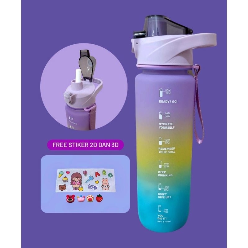 botol minum motivasi tutup flip 1 liter rainbow gratis stiker 3d&amp;2d