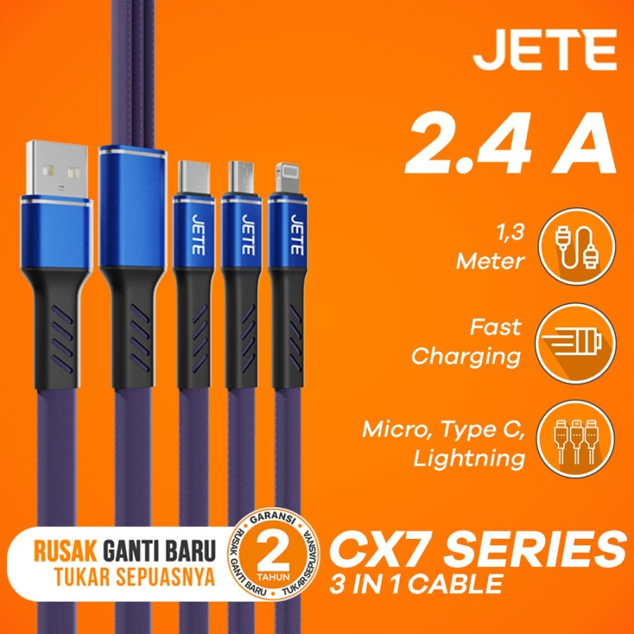 JETE CX7 Kabel Data 3in1 2,4A USB to Micro, Type C, Lightning