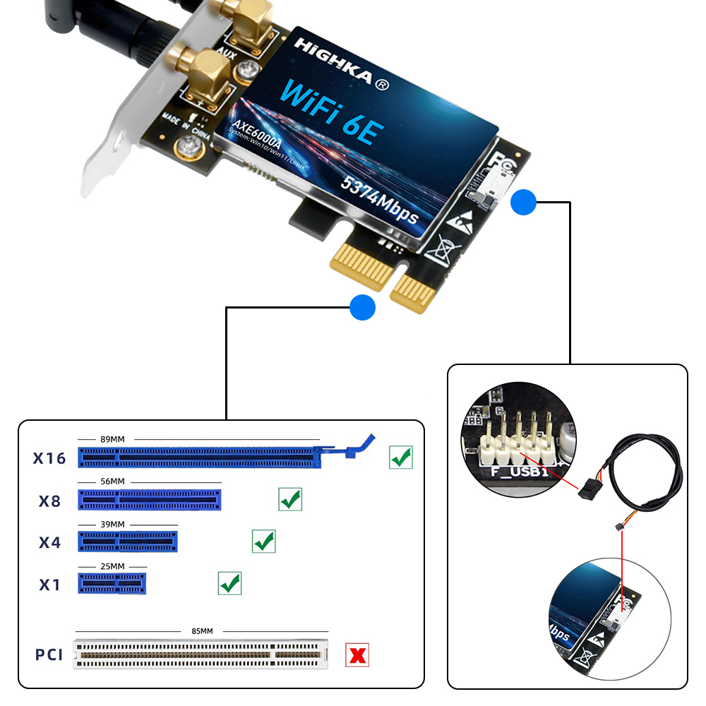 Wi-Fi 6E Intel AX210 PCIe Wifi Card 2.4G/5G/6GHz 5374Mbps BT5.3 PCIe