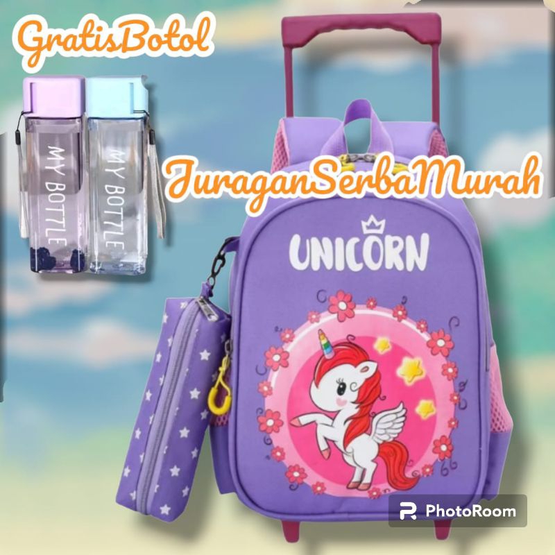 Tas Troli Tas Dorong Anak Perempuan TK SD Karakter Unicorn Gratis Botol