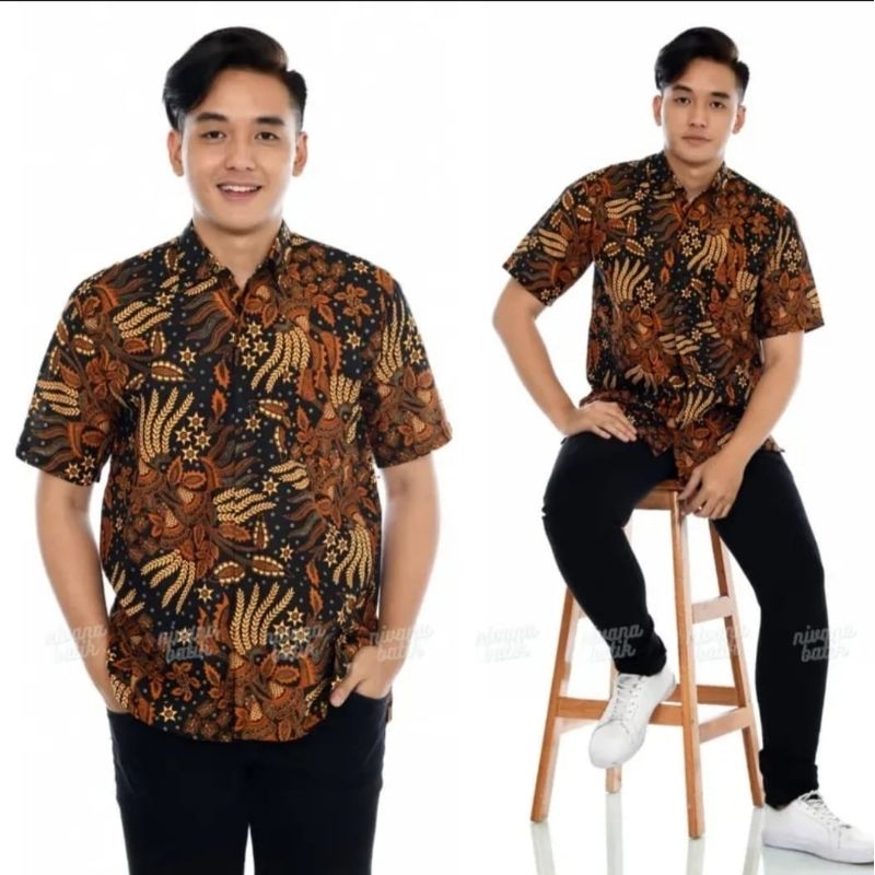 Batik Pria Lengan Pendek premium BATIK BERKAH HRB026 motif KERATONAN Kode 002 size M L XL XXL