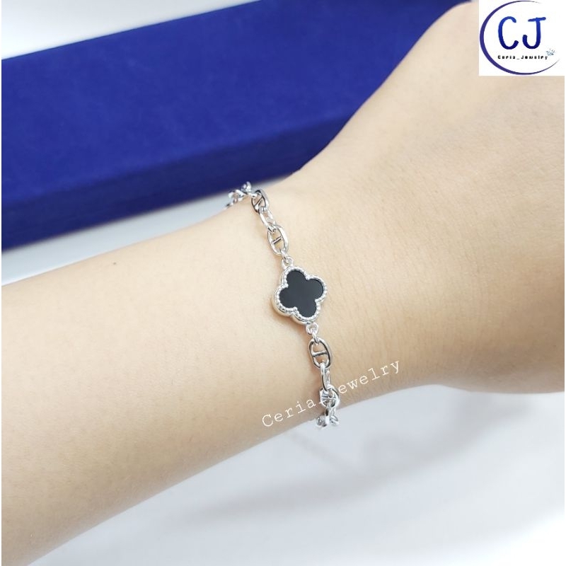 Gelang Tangan Wanita Perak Asli Silver 925 Lapis Emas Putih Model Rantai C'artir Variasi VanCleef Hitam Simple - Perhiasan Perak Asli