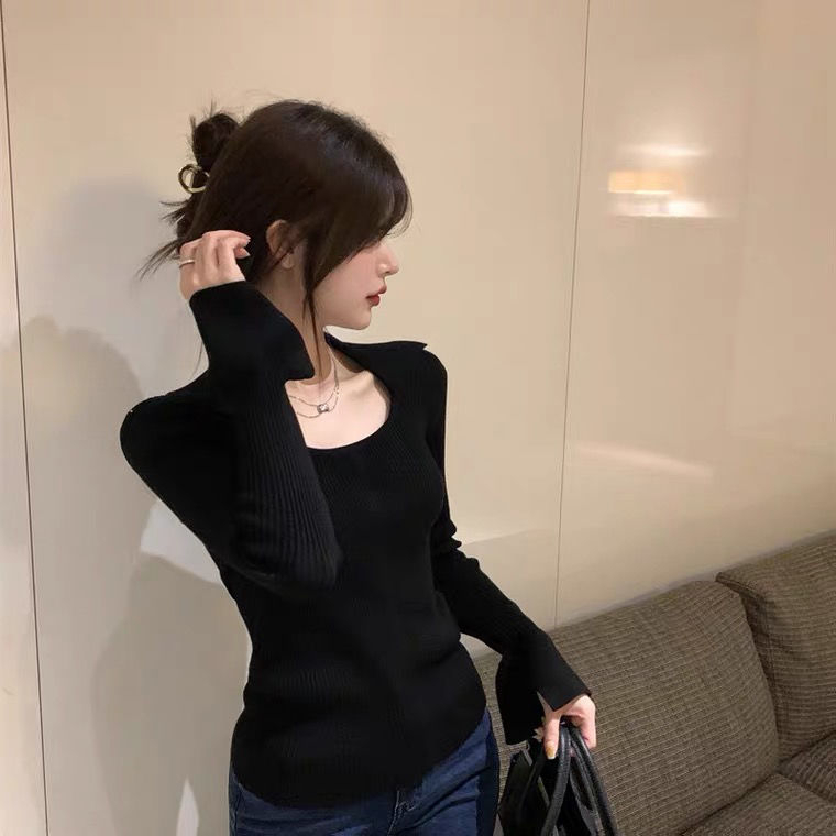 Rajut Atasan Wanita Blouse Crewneck Puff Lengan Panjang Casual Top