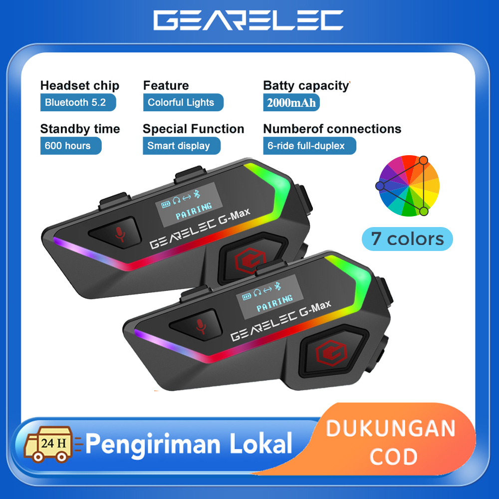 GEARELEC G-Max Helm Sepeda Motor Headset Interkom Bluetooth 2000m 6 Pengendara BT 5.2 Sistem Komunikasi Nirkabel Interfon dengan Lampu Layar Pintar Music Sharing Radio FM