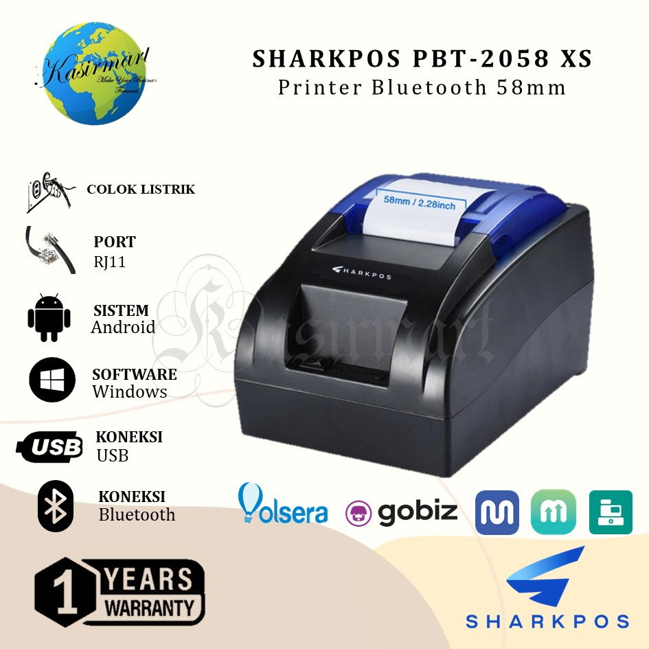 PRINTER BLUETOOTH MINI 58 SHARKPOS PBT2058 XS KASIR / PPOB POS THERMAL 58MM USB TM-58D / DT-58D SUPPORT RJ11