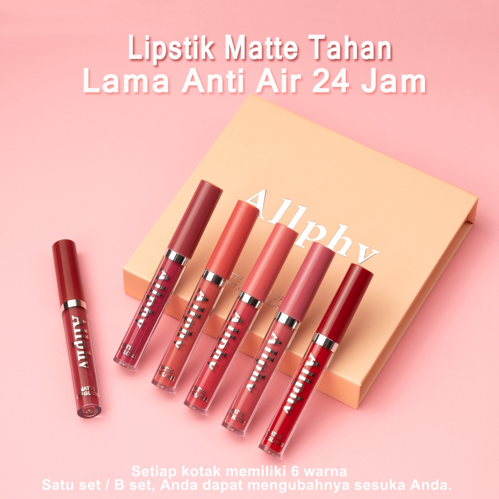 【ORI】Allphv LipMatte Gloss Set Matte Liquid Lipstick  Lipstik paket 6 warna  Long-Lasting Wear Non-Stick Cup