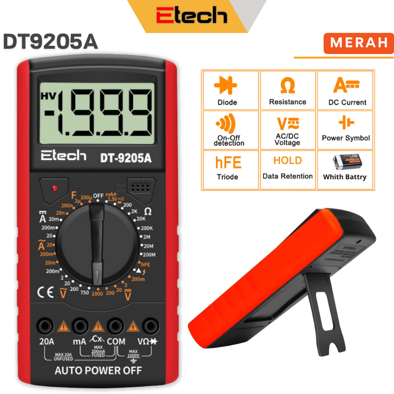 DT9205A Multimeter Digital Professional Voltage Tester AC DC 1000V 20A Ammeter Voltmeter Resistansi Kapasitansi Penguji Pengukur Daya AC dan DC