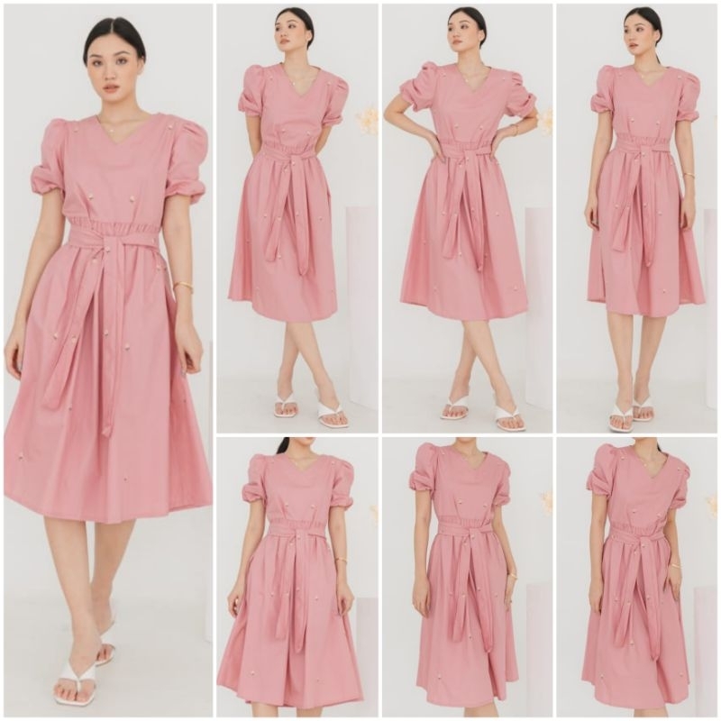 ♡ PREMIUM ♡ ORIGINAL ! MOLLITA VINTAGE V-NECK PASTEL COLOR SUN FLOWER EMBROIDERY TIED MIDI DRESS