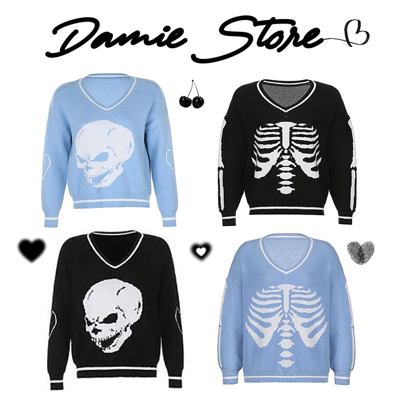 ☆DAMIE☆ Y2K Grace Sweater Chloe Sweater Rajut Skull Sweater Atasan V-neck Sweater Wanita Oversize Sw