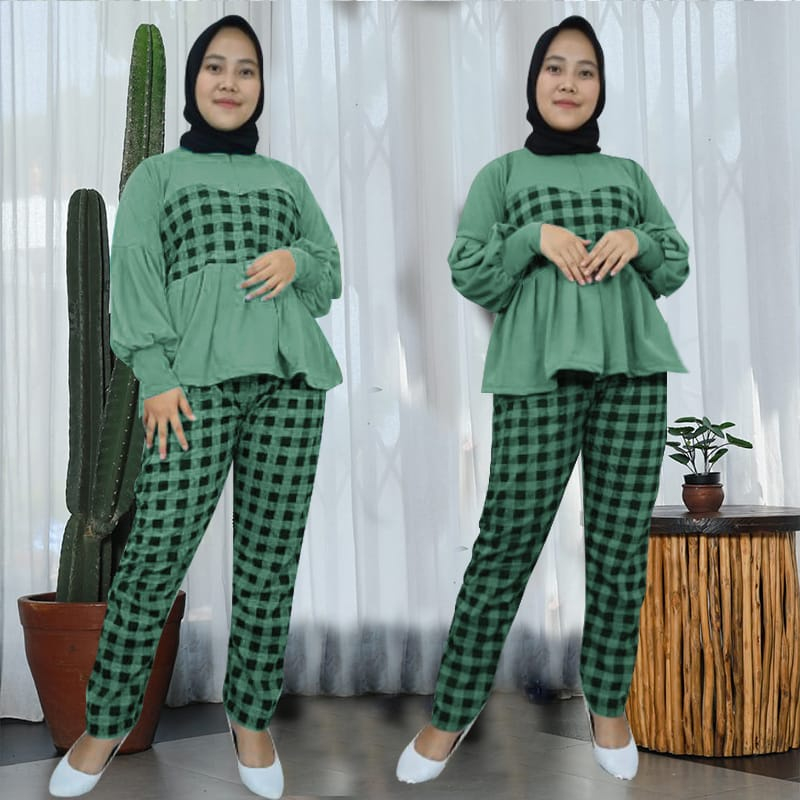 Pakaian Wanita Stelan Baju Lumbai Lengan Panjang Celana Slim Fit Tren Kekinian/Set Mona Kotak Allsize