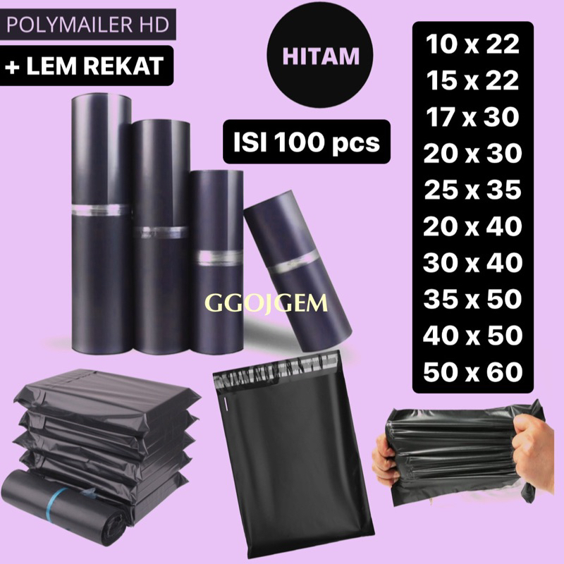 PLASTIK PACKING POLYMAILER HITAM ( 15 x 22 ) + LEM REKAT (isi 100 PCS)/ Packing Online Shop Kantong Amplop Baju