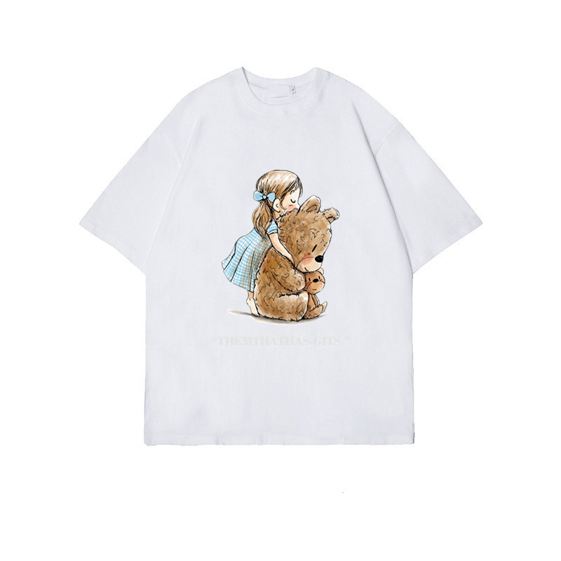 XiaoZhaiNv Korean Style Kaos Atasan Wanita Memeluk Boneka Beruang Pattern Lengan Pendek A0275