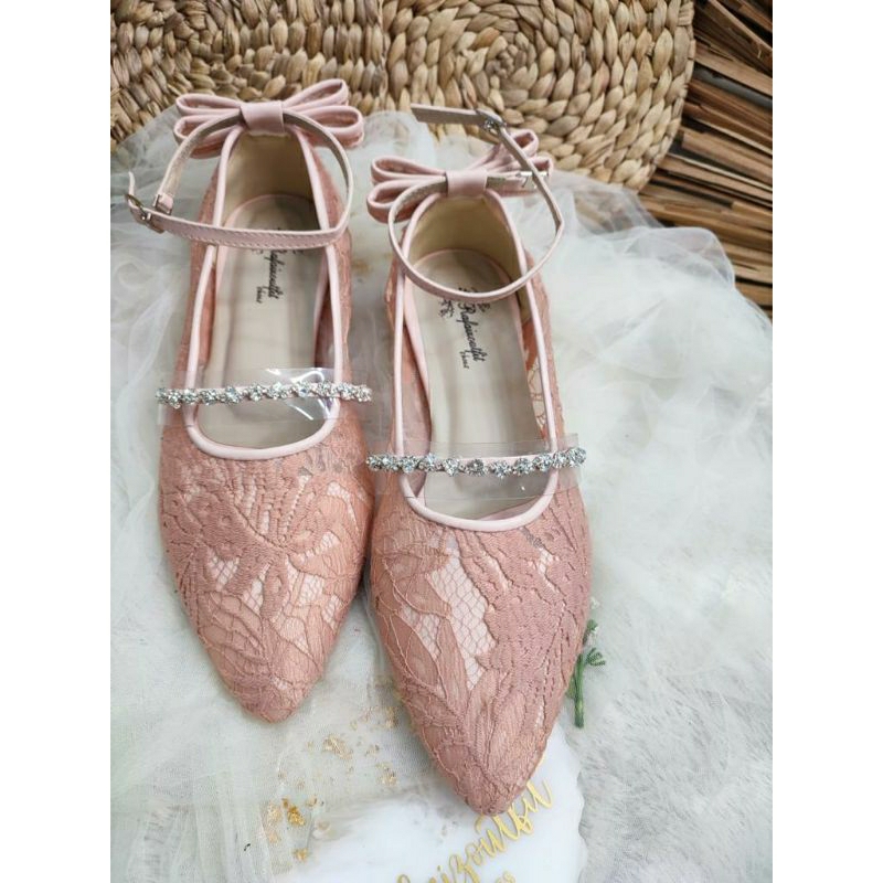 Sepatu wedding cantik Vilea peach 2cm kaca