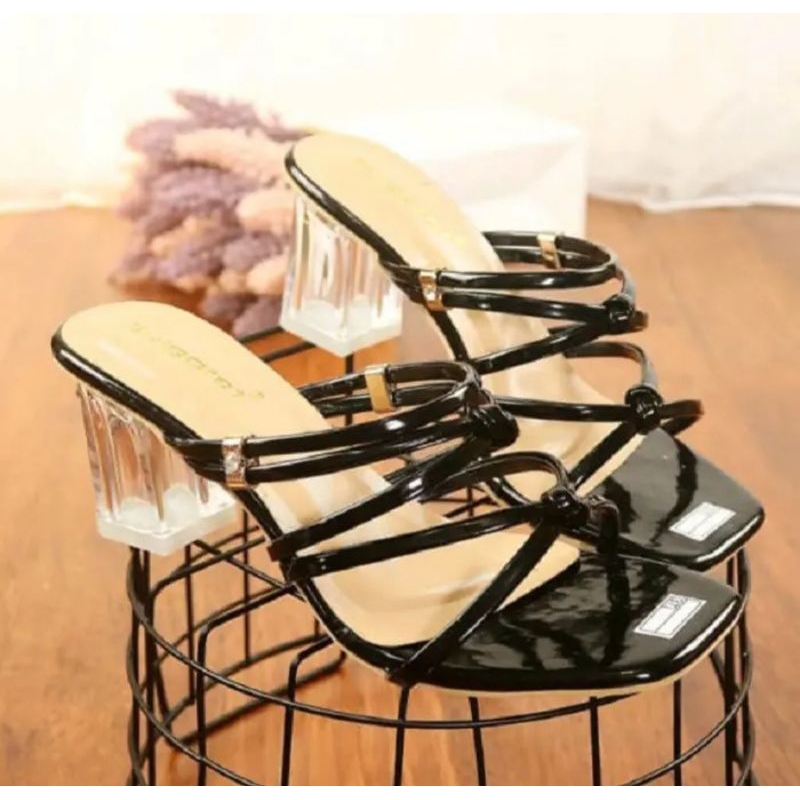 A06 Sandal Wanita Hak Kaca 7cm Tali Silang