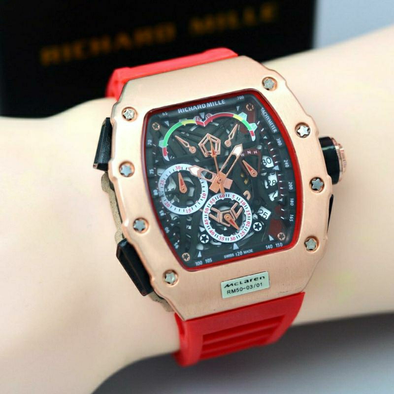 Jam Tangan Pria RM Richard Mile Crono Aktif Body Rosse Gold Tali Merah - Jam Tangan Pria