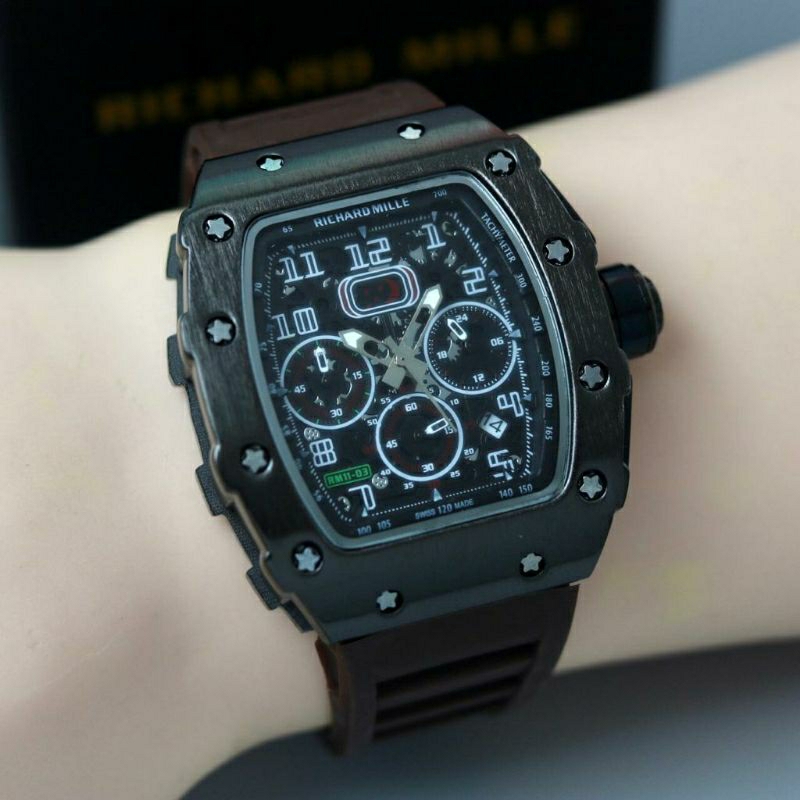 Jam Tangan Pria RM Richard Mile Crono Aktif Body Hitam Tali Cokelat - Jam Tangan Pria