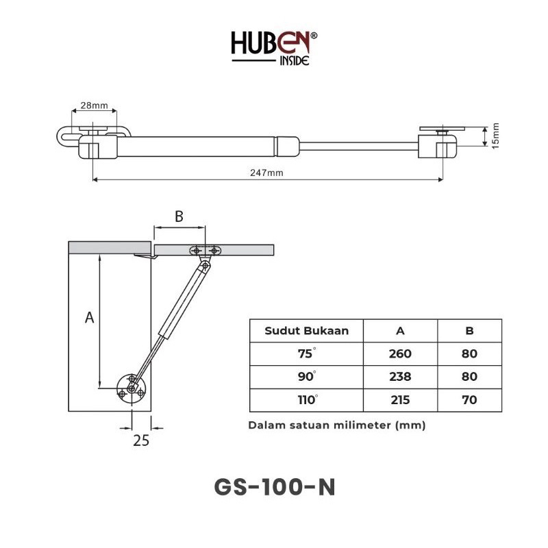 HUBEN Gas Spring TGA-100N Pegas Hidrolik Penutup Jendela / Jok Motor Otomatis