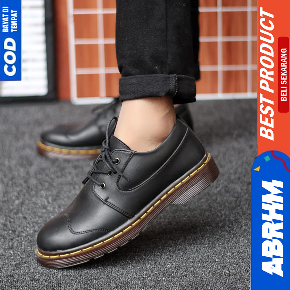 ABRHM Sepatu Docmart Pria Casual Kulit Formal Kerja Pria Hitam Akari