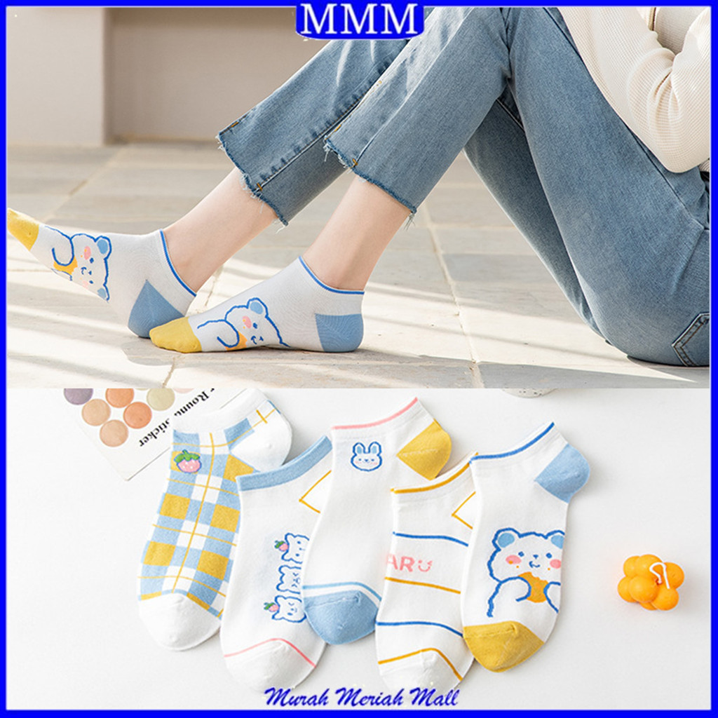 MMM Kaos Kaki Wanita Kode 6771 Karakter Rabbit Bear Kaoskaki Pendek Semata Kaki Fashion Motif Kotak Garis  Women Sock Import Cute