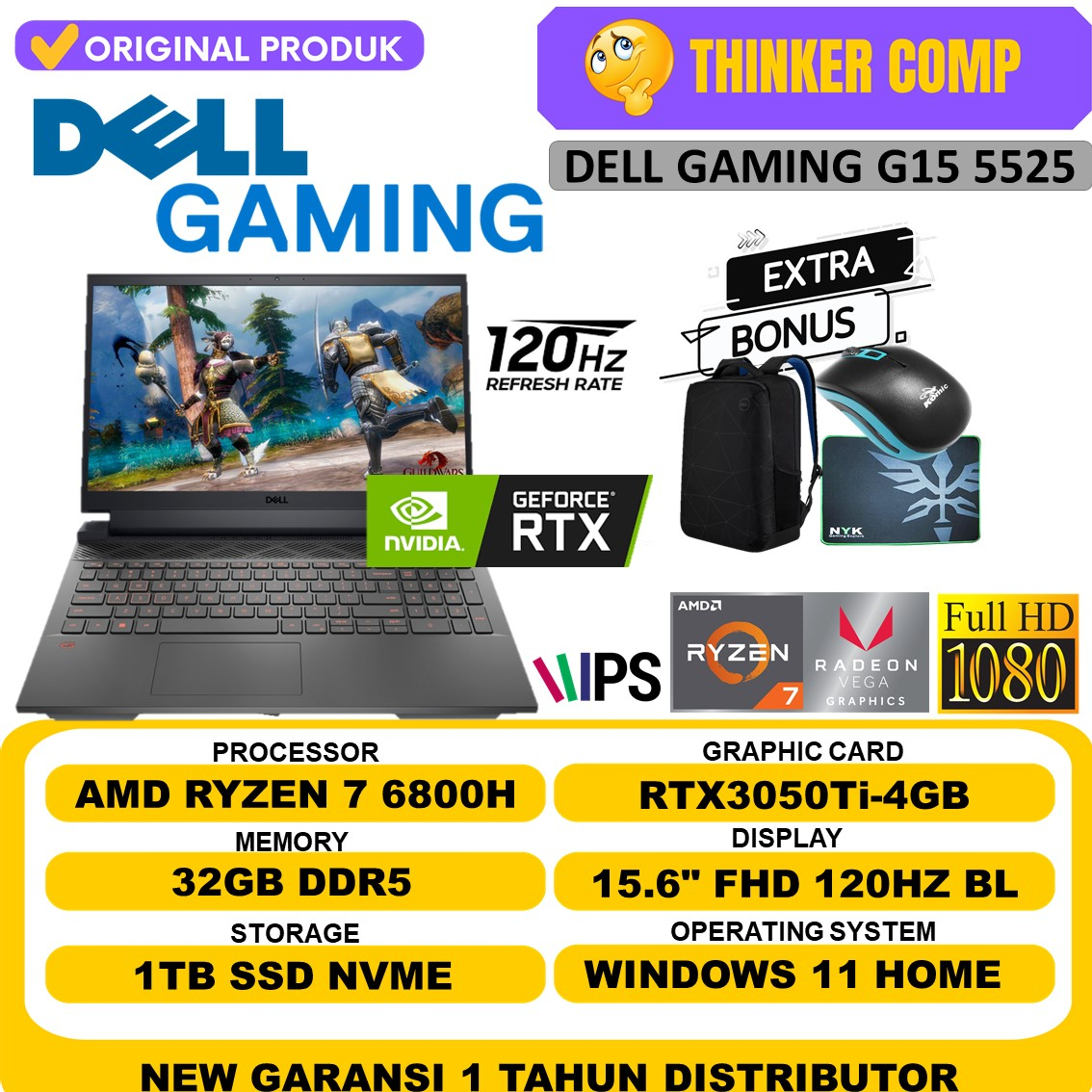 LAPTOP DELL GAMING G15 INTEL CORE i5 12500H RAM 32GB DDR5 1TB SSD RTX3050-4GB FHD 120Hz