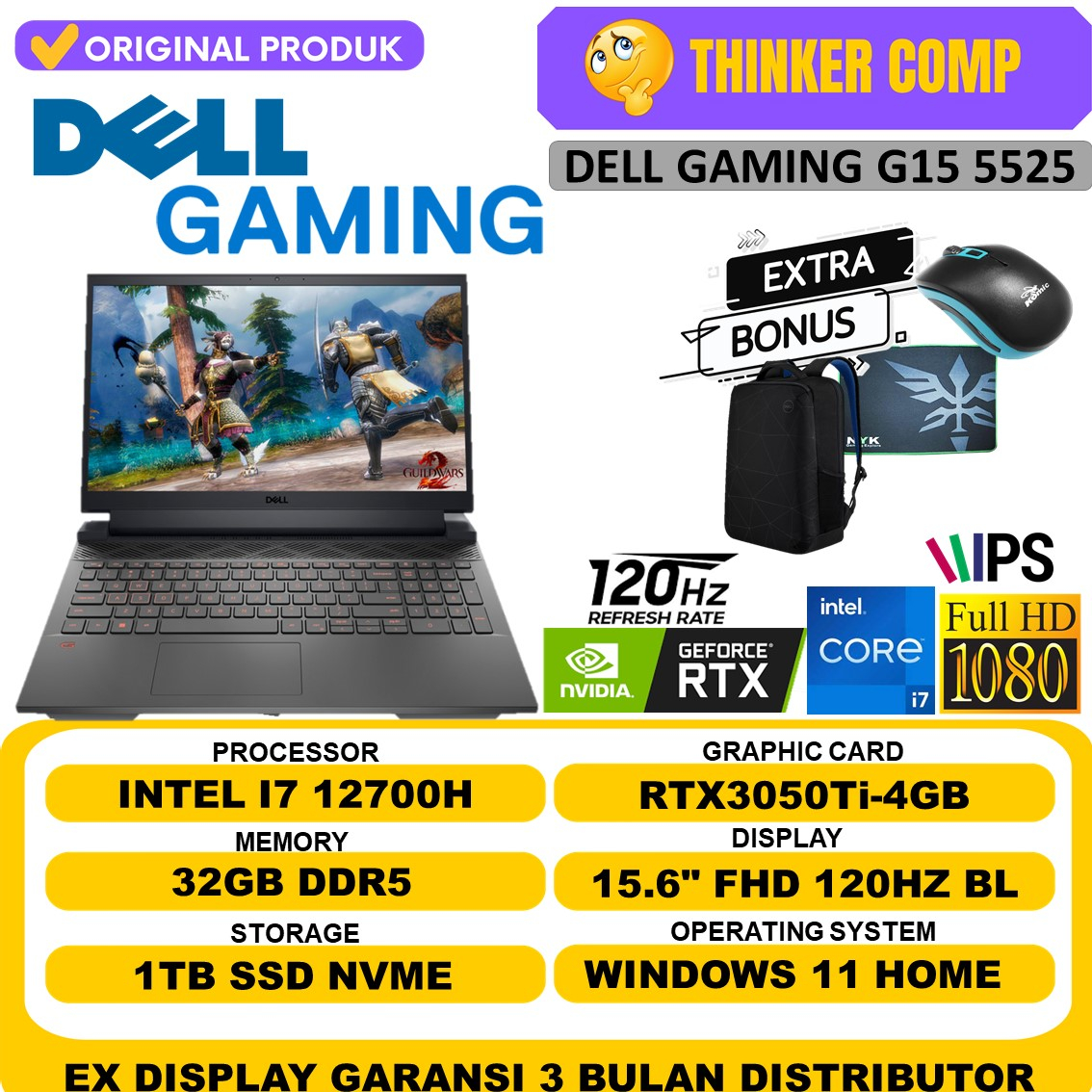 LAPTOP DELL GAMING G15 INTEL CORE i5 12500H RAM 32GB DDR5 1TB SSD RTX3050-4GB FHD 120Hz