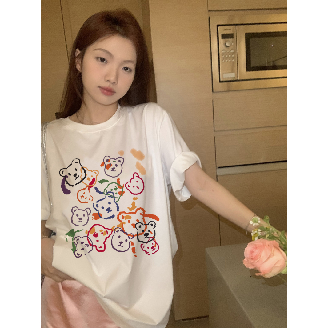 EUNII T-shirt Lengan Pendek Cartoon Graffiti Bear Korean Style/Kaos Atasan Wanita/Baju Kaus Oversize Wanita/Kaos Wanita