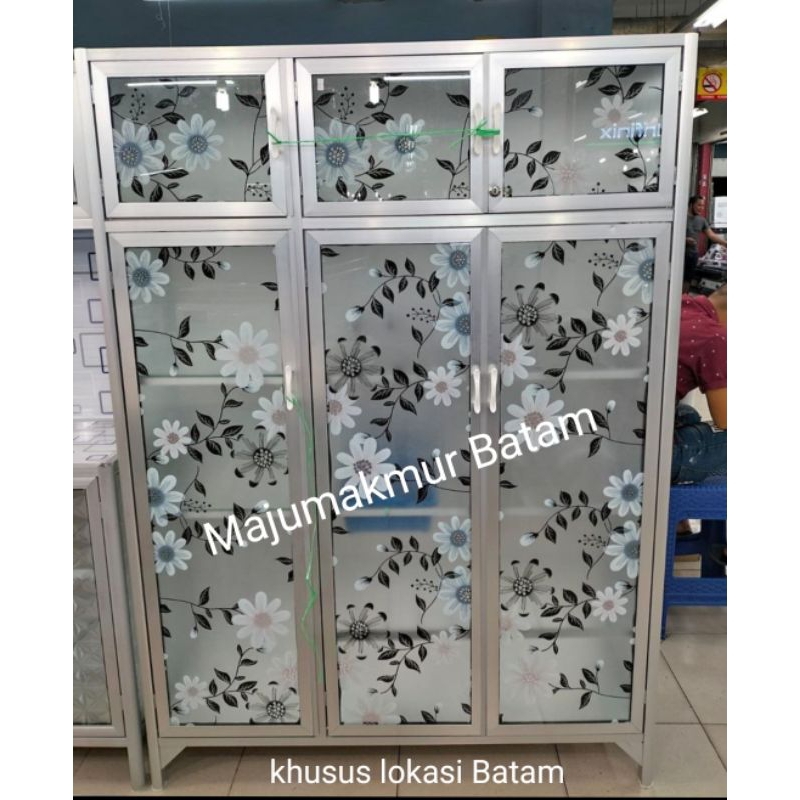 RAK PIRING 3 PINTU ALUMINIUM FULL KACA MOTIF STIKER