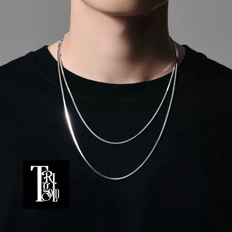 Kalung Pria Titanium Asli Silver Anti Karat Emas Putih Perak Keren Cowok Cewek Wanita Panjang