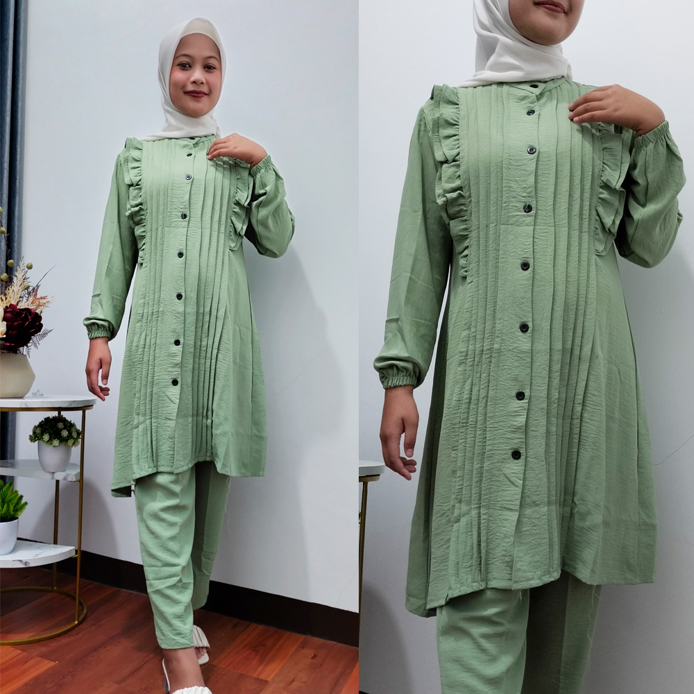 JUWITA Set TUNIK + CELANA bahan CRINKLE  setelan Wanita dewasa terbaru